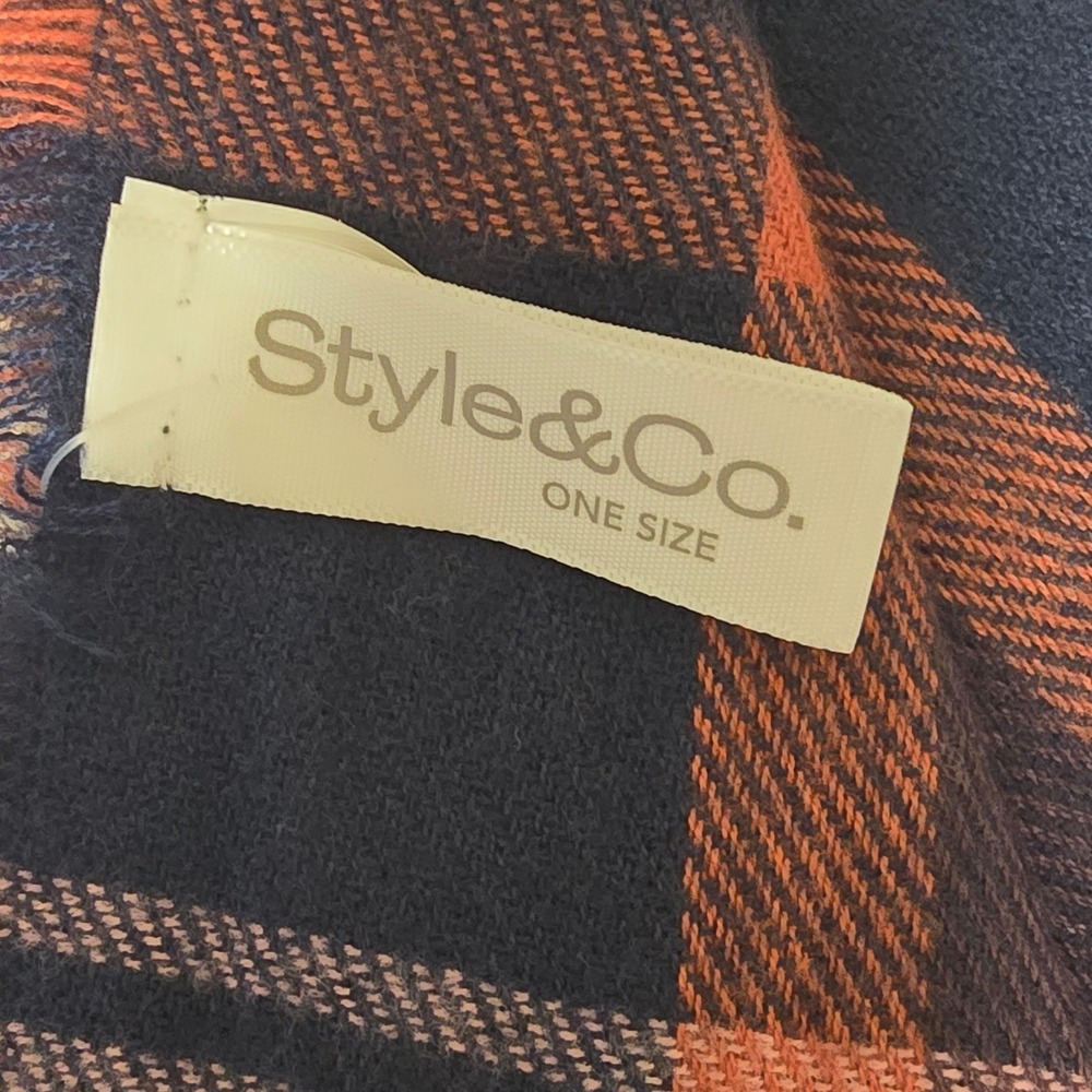 Style & Co Navy Orange Plaid Oblong Wrap Scarf with Fringe NWT - Picture 3 of 10
